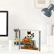 1 Pieza Cartel acrílico de Calabaza con Esqueleto y Gato de Halloween, Placa Feliz Halloween para estantería, escritorio o exhibición de fiesta, relleno de canasta de "Boo", decoración espeluznante, Cartel acrílico de Halloween, decoración del hogar, regalos, regalos de Navidad, regalos de cumpleaños