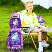 3PCS Rolling Backpack For Girls, Crown Unicorn Kids Roller Wheels Bookbag, Wheeled School Bag With Lunch Bag