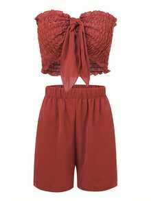 Women's Summer 2-Piece Strapless Short And Wide Leg Shorts Set - Brick Red - View 7
