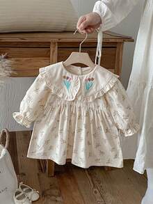 1pc Young Girl' Casual Floral Embroidered Long Sleeve Dress, Comfortable & Fashionable For Autumn - Apricot - View 2