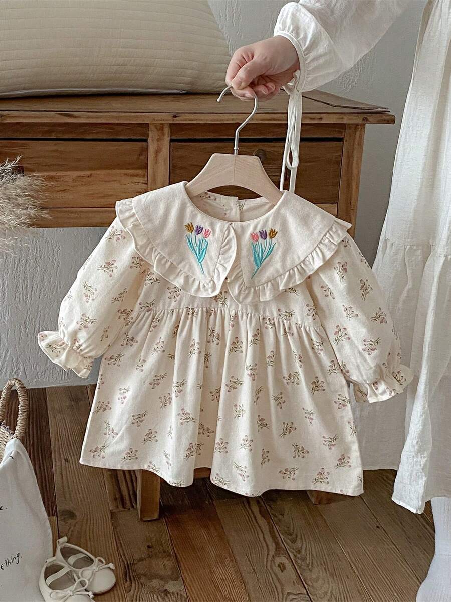 1pc Young Girl' Casual Floral Embroidered Long Sleeve Dress, Comfortable & Fashionable For Autumn