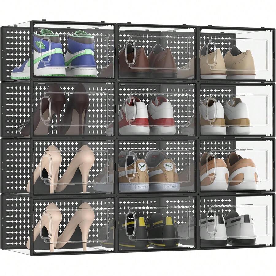 12Pcs Shoe Storage Box, Clear Plastic Stackable Shoe Organizer For Closet, Space Saving Foldable Shoe Rack Sneaker Container Foldable Shoe Storage Cabinet With Lid, Plastic Storage Container, Christmas - Đen-12 Cái - Xem 1