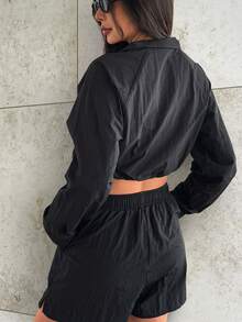 女士户外半拉链高腰短款立领运动休闲风衣外套，秋季