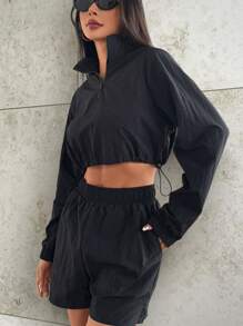 女士户外半拉链高腰短款立领运动休闲风衣外套，秋季