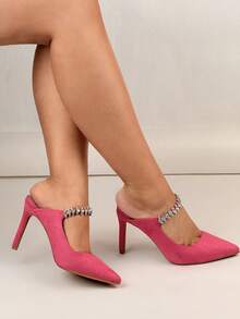 European & American Style Sexy Pointed Toe Slip-On High Heel Sandals With Rhinestones - Warna Fuchsia - View 4