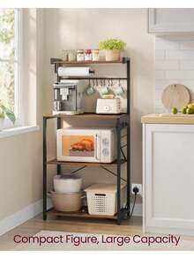Kitchen Bakers Rack With Power Outlet, 4-Tier Coffee Bar With Adjustable Shelf, Microwave Stand, Paper Towel Holder, 40 X 60 X 140 Cm, Rustic Brown And Ink Black - 英規插(220-240V) - 查看 1