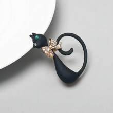 卡通绅士猫合金水钻胸针，时尚长尾猫翻领别针，包袋/服装配饰