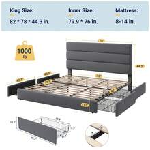 Allewie Full/Queen/King Size Platform Bed Frame With 4 Storage Drawers And Velvet Upholstered Headboard, Wooden Slats Support, Upholstered Mattress Foundation/No Box Spring Needed/Easy Assembly, Grey - 灰色 - 查看 10