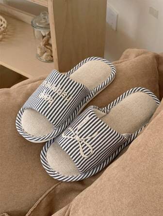 XIXITIAO Women's Ins Style Vertical Stripe Bow Letter Pattern Comfortable Breathable Flat Shoes, Linen Color Blocking Soft Bottom Slippers