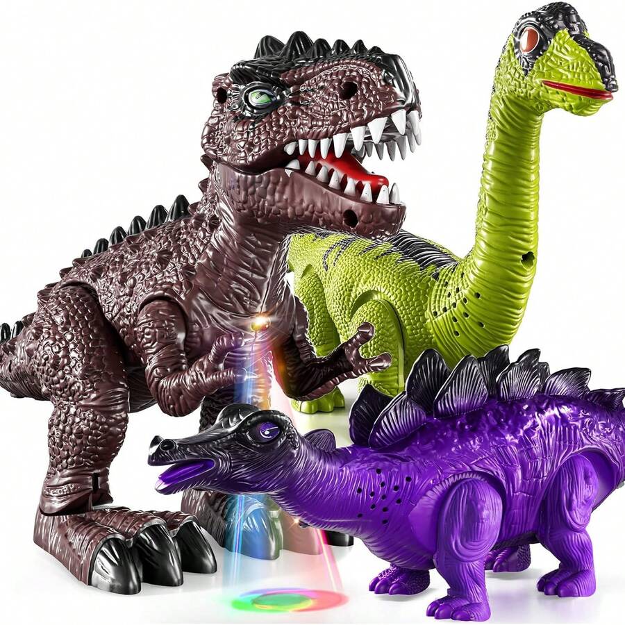 TEMI 3 Pack Electrical Walking Dinosaur Toys For Toddlers 2-4 3-5 Years With Sound And Light Up, Toddler Robot Dinosaur, Brachiosaurus, Stegosaurus Dinosaur Figures For Kids - 1 - View 1