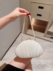 1pc Elegant Pleated Box Design Clutch Bag, Faux Pearl Decor, Formal Handbag For Wedding, Party, Prom, Evening Dress, Chain Strap Square Bag - White - View 4