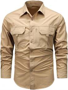 Men's Shirt With Multiple Pockets, Quick-Drying And Breathable, Suitable For Outdoor Hiking And Mountaineering; Simple Solid-Color Men's Shirts, Suitable For Spring, Summer, And Autumn Wear. - 卡其色 - 查看 1