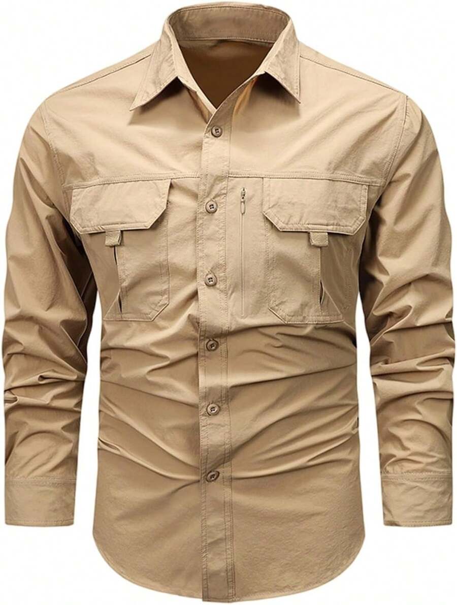 Men's Shirt With Multiple Pockets, Quick-Drying And Breathable, Suitable For Outdoor Hiking And Mountaineering; Simple Solid-Color Men's Shirts, Suitable For Spring, Summer, And Autumn Wear. - 卡其色 - 查看 1