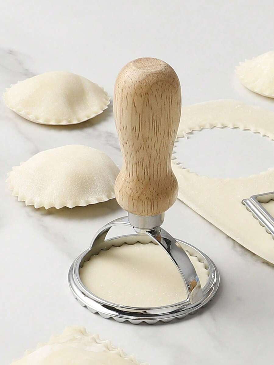 1pc Round Dumpling Mold, Wooden Handle Dough Press Mold For Kitchen
