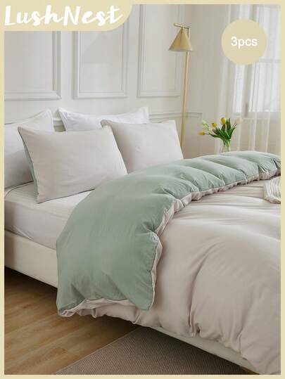 两件套波西米亚农舍风格被套套装，可选单人/双人/特大号尺寸，纯色超柔软微纤维被套，带拉链，含两个枕套，不含被芯，适合学生和成人使用。