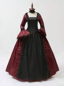 New Vintage Palace Style Printed Long Dress, Victorian Costume Performance Dress Halloween Costumes