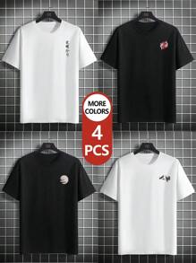 4 件套男士休闲街头时尚日本文化印花短袖 T 恤，夏季 - 彩色 - 查看 6