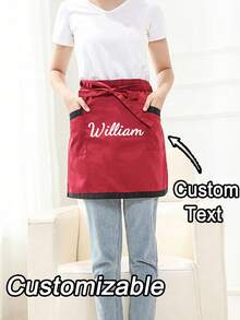 1Pc Personalized CustomUnisex Polyester Apron With 2 Pockets - Customizable Short Half Waist Waiter Work Uniform Hair Stylist Black Apron Hairdresser Beauty Salon Cosmetologist Cosmetology School Barber Gift Custom,For Kitchen, Hotel, Restaurant, Cooking, Baking, And Chef Use, Perfect For Personalized Text Or Logo
