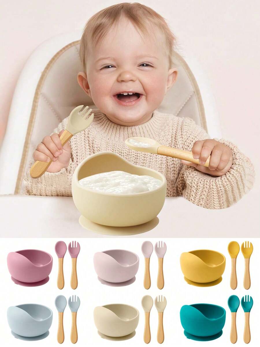 Set de 3 piezas de vajilla para bebé de silicona de unicolor, con cubiertos de mango de madera (cuchara, tenedor), tazón con ventosa y utensilios de alimentación para entrenamiento de bebé - Multicolor - Ver 1
