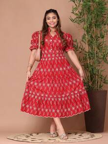 Women's Fashion Midi Dress In 3D Laise Fabric With Elastex On The Back And Button On The Front And Lining - 雙色紅. - 查看 1