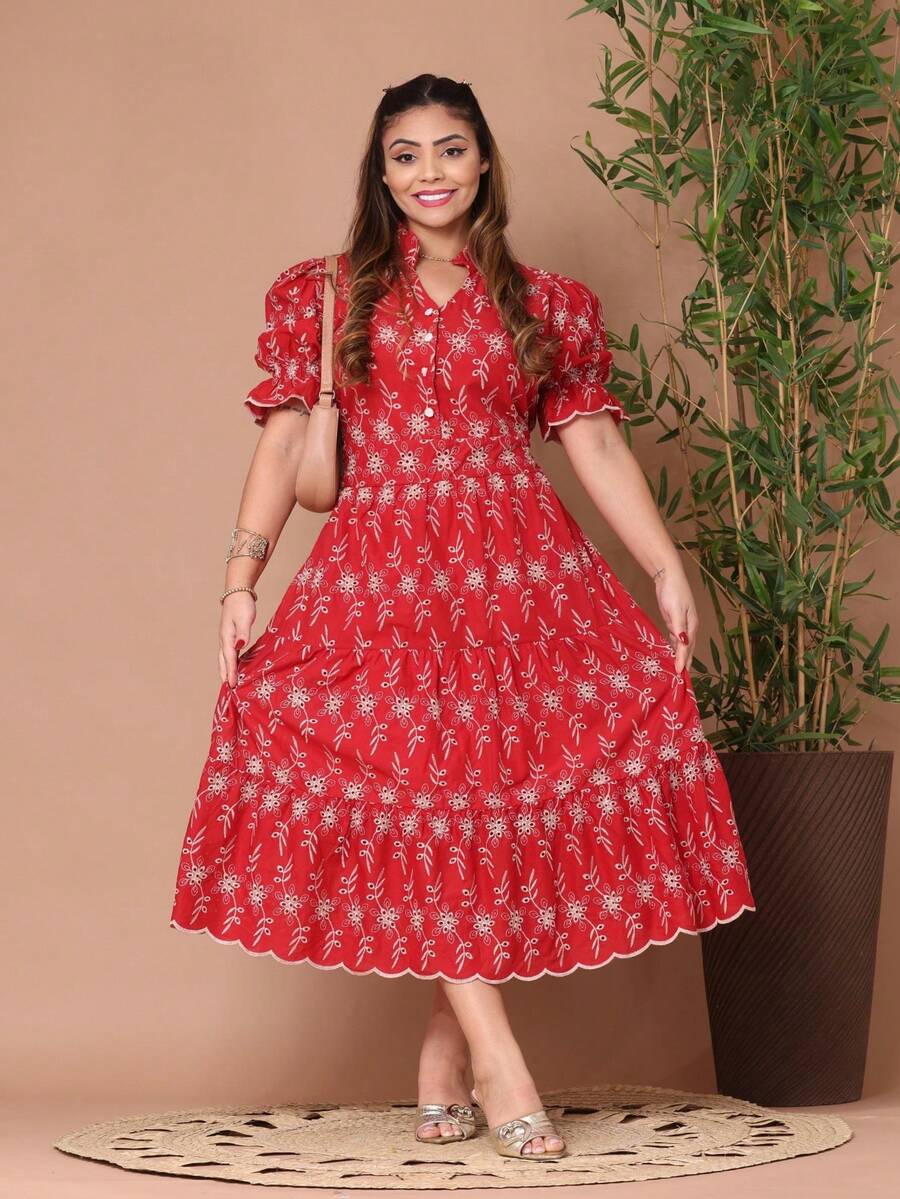 Women's Fashion Midi Dress In 3D Laise Fabric With Elastex On The Back And Button On The Front And Lining - 雙色紅. - 查看 1