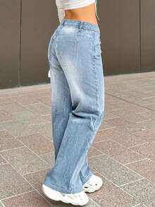 Chicsale Ladies Fashion Jeans, High Waist Sexy Loose Straight Jeans, Ladies - 淺色水洗藍 - 查看 3