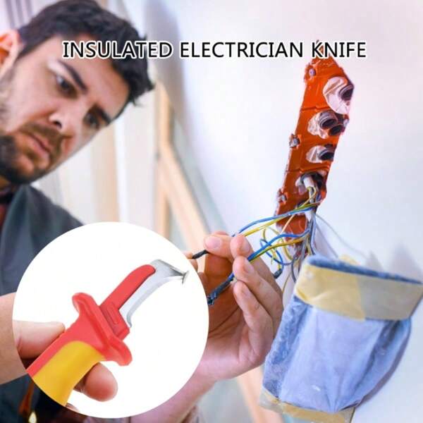 1 Stück tragbares, hochgedämmtes Elektrikermesser aus Edelstahl und Kunststoff, professionelles Mehrzweck-Gerät mit gerader Hakklinge und isoliertem Griff zum Abisolieren und Schneiden von Kabeln für elektrische Reparaturen, Industrieeinsatz ganzjährig
