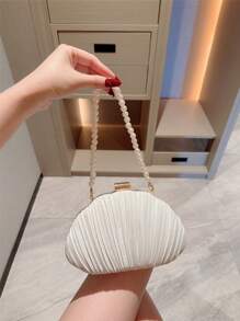 1pc Elegant Pleated Box Design Clutch Bag, Faux Pearl Decor, Formal Handbag For Wedding, Party, Prom, Evening Dress, Chain Strap Square Bag - White - View 2