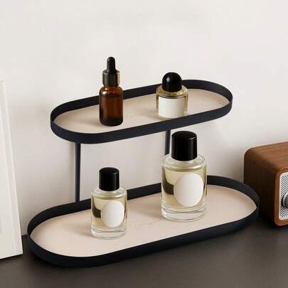 1pc Of Minimalist Iron Art Shelf With Faux Leather Mat, Double-Layer Oval Storage Box For Cosmetics, Jewelry And Keys, Living Room Tabletop Organizer, Bedroom Bathroom Entryway Shelf, Desktop Perfume Lipstick Holder, Bathroom Trays