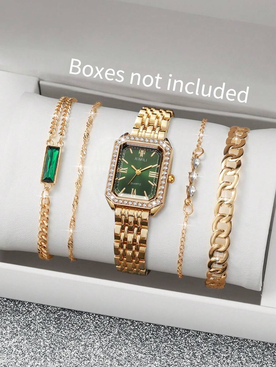 5pcs/Set Women's Fashion Square Minimalist Dial Quartz Wrist Watch With Steel Band + Bracelet Combo (Watch Not Included In Set)