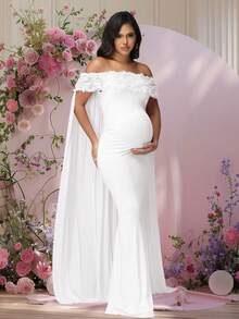 JustVH Maternity Floral Off-Shoulder Dress For Baby Shower, Mesh Cloak Maxi Women Outfit Photoshoot Prop