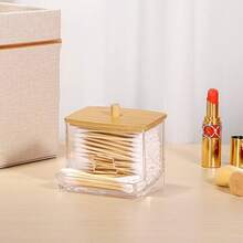 1 Pc Acrylic Qtip Holder With Bamboo Lid, Clear Small Cotton Swab Dispenser, Plastic Ear Stick Swabs Holder, Square Toothpick Storage Container, Bathroom Countertop Decorative Storage Organizer