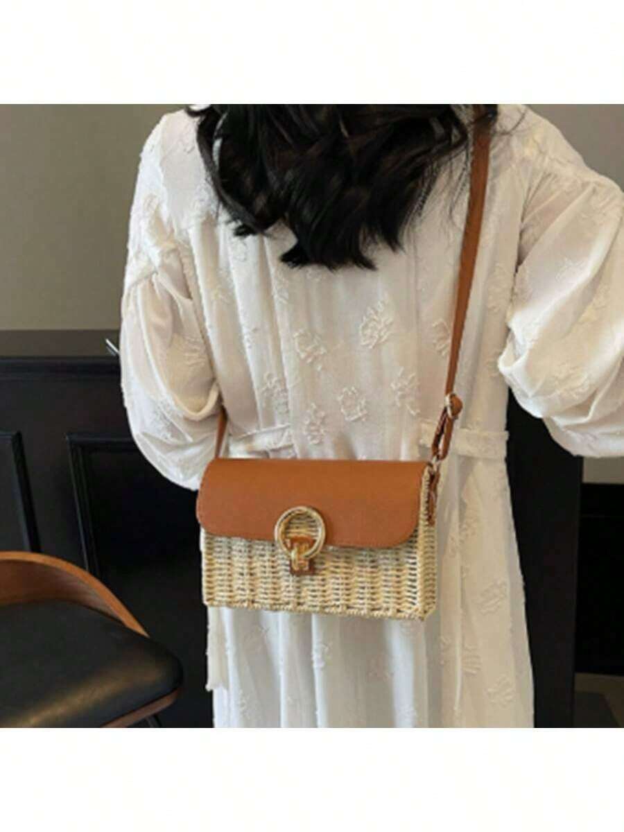 Summer Beach Bag For Seaside Vacation, Woven Women's Box Bag, Small Square Bag, Casual, Versatile, Single Shoulder, Crossbody Bag, Beach Bag (Beige) - 米色 - 查看 1