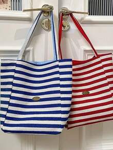 双面复古风格条纹帆布手提包，女士大容量条纹帆布手提包 - 时尚单肩包，适合旅行和购物，鲜艳的红白条纹，宽敞，多功能，可手洗 - 无封口，日常手提包，休闲日常手提包，购物手提包|休闲时尚包|条纹图案包，沙滩配饰|镂空设计 - 彩色 - 查看 3