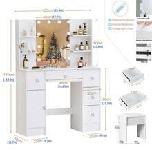 Dressing TABLE 100cm Vanity Set With LED Mirror, Stool, Drawers And Crystal Handle, Shelves, Side Cabinet, Dressing Table Set With LED Illuminated Mirror For Bedroom – White Makeup TABLE Furniture - Weiss - Übersicht 10
