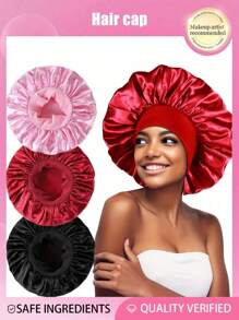 3pcs Women's New Wide Version Solid Color Silk Nightcap, Satin Hair Cap - Soft Shower Cap, Equipped With Comfortable Elastic Band, Suitable For Daily Use, Silk Cap, Satin Cap, Christmas Gift, Gift For Girlfriend, Gift For Boyfriend, Gift For Family, Gift For Dad, Gift For Mom, Suitable For Home, Bathroom And Bedroom Use. Good Helper For Home And Bathroom Decoration, Summer Back To School Season.