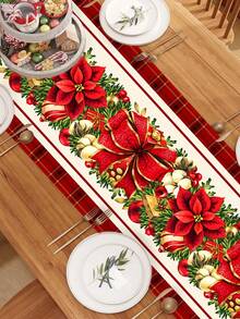 1pc 35*180cm/13.78*70.87inch Christmas Table Runner, Holiday Fabric Decor Tablecloth, Red Bow & Christmas Flower Pattern Long Table Topper, Suitable For Christmas Home Decoration