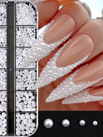 1 boîte/12 grilles d'accessoires de nail art en faux perle blanche en demi-cercle, strass pour ongles, décorations pour ongles