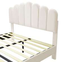 Caluself Cama doble 140 x 200 cm, cama tapizada Bubble Bed con cabecero ajustable, estructura de cama, plataforma con espacio de almacenamiento debajo de la cama, cama juvenil, somier de láminas, terciopelo - Beis - Ver 8