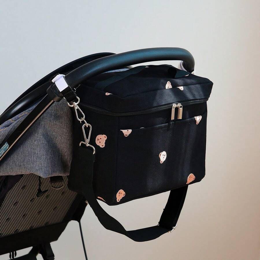 Bolsa de pañales impermeable negra con motivo de animal bordado, bolsa de lona para bebé, bolsa de almacenamiento de leche aislada, adecuada para todas las estaciones - Negro - Ver 1