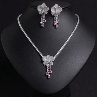Juego de joyas de 3 piezas con aretes y collar con forma floral en tono plateado, adecuado para uso diario, festivales, fiestas y como regalo (disponible en varios colores)