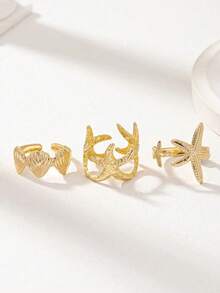 3 قطع/مجموعة خواتم بتصميم نجمة البحر بلون ذهبي لموسم الصيف والشاطئ للنساء - متعدد الألوان - مشاهدة 2