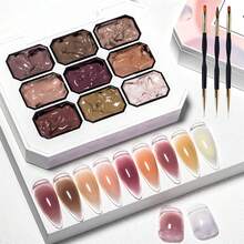 MEET ACROSS 9 Colors Dotting Gel Nail Polish Set, Includes 3 Nail Art Pens, 8 Sponge Blocks, Nude Pink Tie Dye Gel, High Pigment Semi-Solid Nail Polish Gel For Gradient Nails, Nail Art Design And Nail Salon - 彩色 - 查看 4