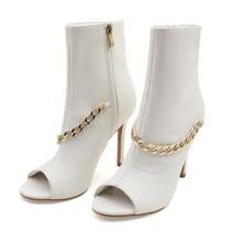 Women's Peep Toe Ankle Boots, Gold Chain Detail, High Heel: Stylish Design, Non-Slip Rubber Sole, Latex Insole For Comfort, Perfect For Shopping, Parties, And Casual Outings  Fashionable    Polyester - 白色 - 查看 4