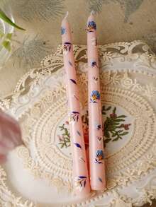 2pcs Printed Long Stem Candles, Romantic European Style Smokeless Odorless Candles, Suitable For Weddings, Birthdays, Parties, Candlelight Dinners, Home Decor