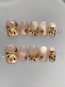 10 pezzi di unghie finte realizzate a mano, con fiori dipinti a mano, cristalli color naturale, occhi di gatto, trasparenti come ghiaccio e bianchi, adatti per uso quotidiano, feste e cene, accessori per unghie - Multicolore - Visualizzare 1