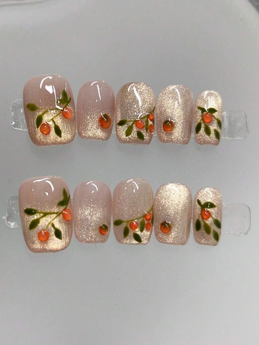 10 pezzi di unghie finte realizzate a mano, con fiori dipinti a mano, cristalli color naturale, occhi di gatto, trasparenti come ghiaccio e bianchi, adatti per uso quotidiano, feste e cene, accessori per unghie - Multicolore - Visualizzare 1