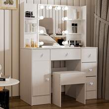 Dressing TABLE 100cm Vanity Set With LED Mirror, Stool, Drawers And Crystal Handle, Shelves, Side Cabinet, Dressing Table Set With LED Illuminated Mirror For Bedroom – White Makeup TABLE Furniture - Weiss - Übersicht 3