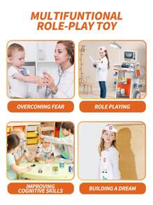 儿童医生和护士角色扮演玩具套装，医生和护士服装，牙科医疗车，牙套，听诊器，体温枪，心电图监测仪，医疗工具，迷你套件，男孩和女孩学习医学知识，克服心理恐惧，模拟场景玩具，教育医生和护士游戏玩具，课堂娱乐，生日礼物 - 彩色 - 查看 6