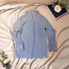 Polyester Digital Printed Striped Elegant Casual Frill Collar Long Sleeve Blouse Top - Blue - View 2
